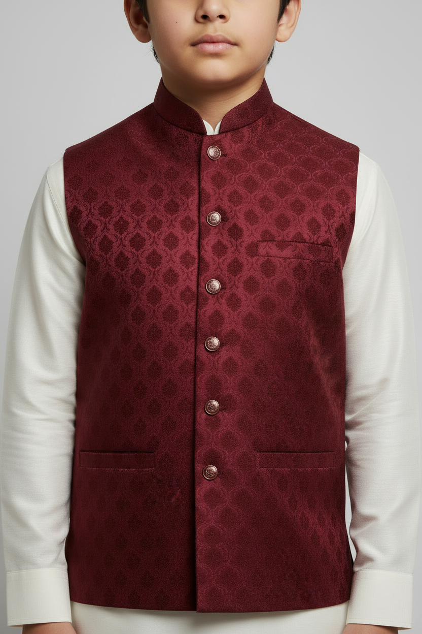 Boy in Maroon Royal Bloom Waistcoat – Close Up