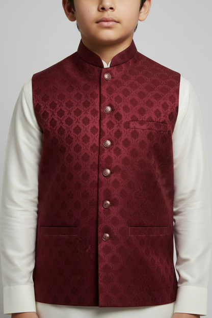 Boy in Maroon Royal Bloom Waistcoat – Close Up