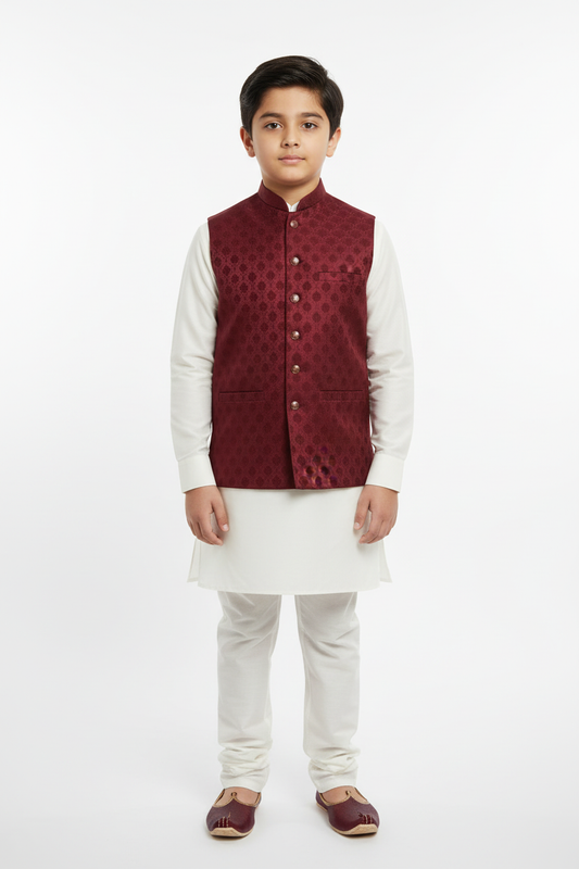 Boy in Maroon Royal Bloom Waistcoat – Front