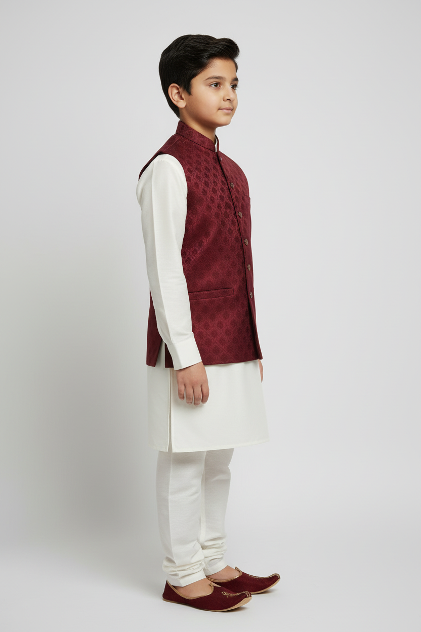 Boy in Maroon Royal Bloom Waistcoat – Side