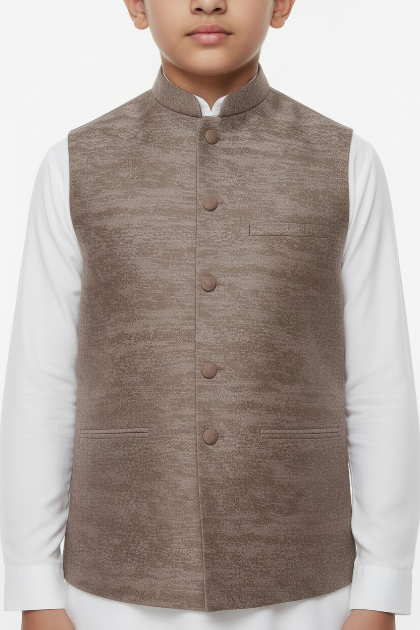 Boy in Mocha Stone Print Waistcoat – Close Up
