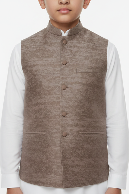 Boy in Mocha Stone Print Waistcoat – Close Up