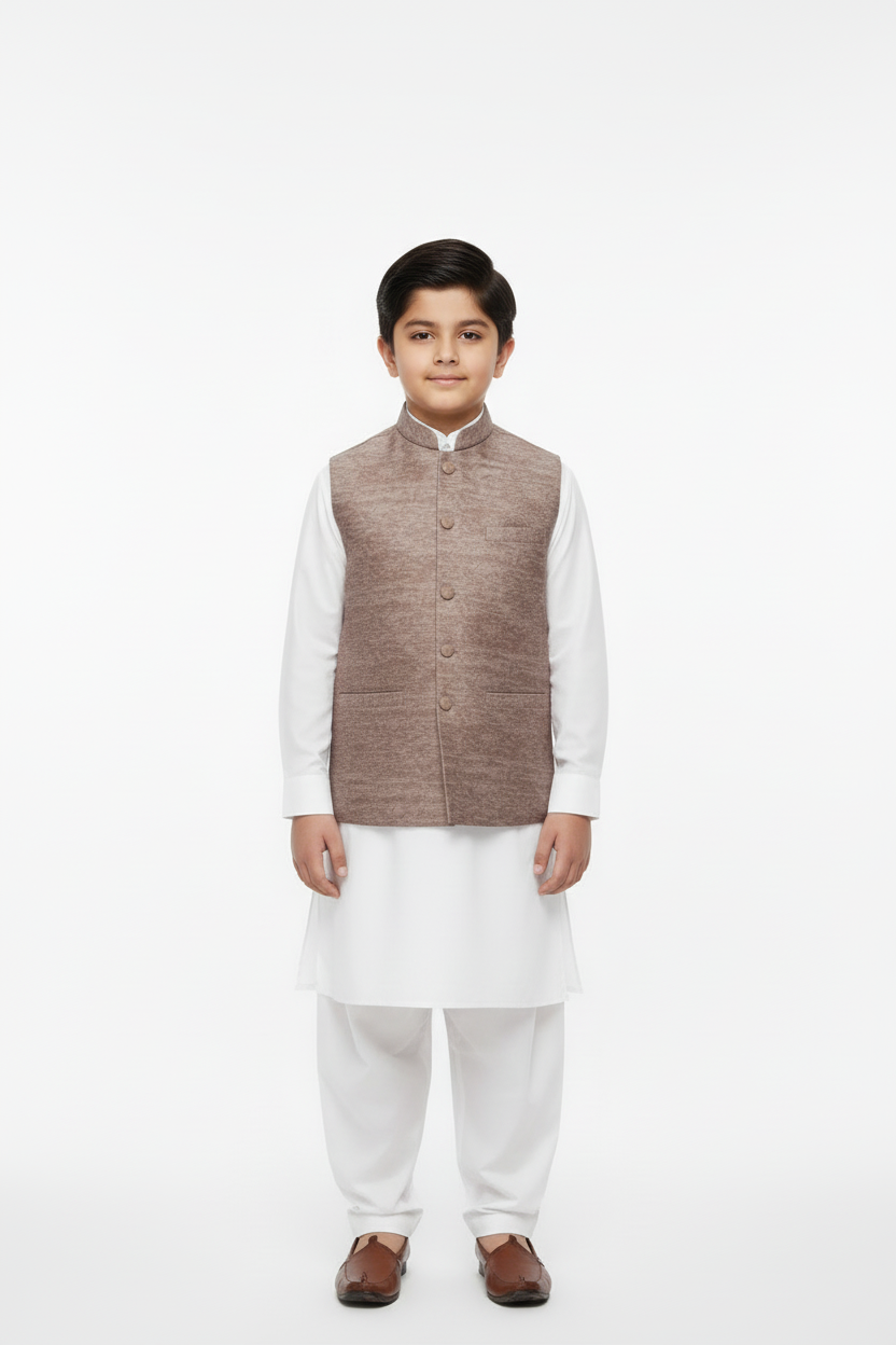 Boy in Mocha Stone Print Waistcoat – Front