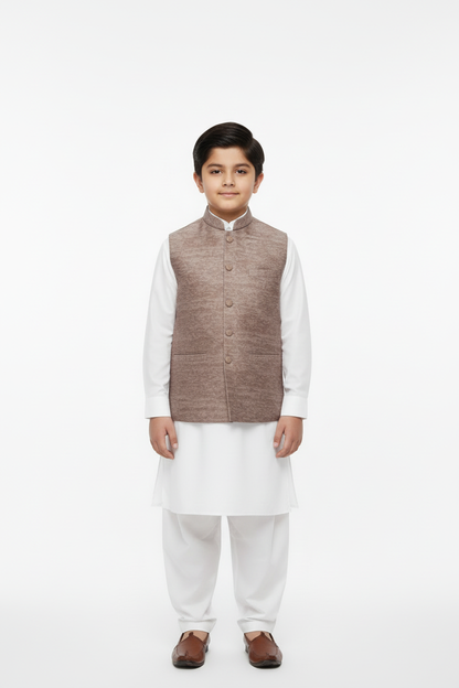 Boy in Mocha Stone Print Waistcoat – Front
