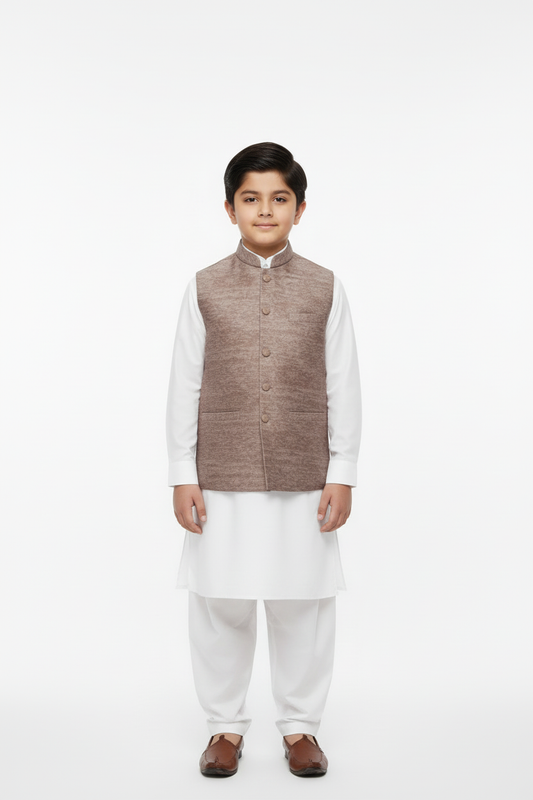 Boy in Mocha Stone Print Waistcoat – Front