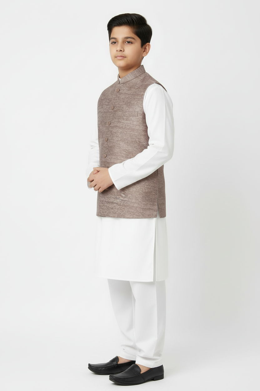 Boy in Mocha Stone Print Waistcoat – Side