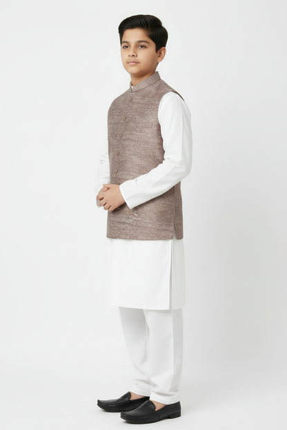Boy in Mocha Stone Print Waistcoat – Side