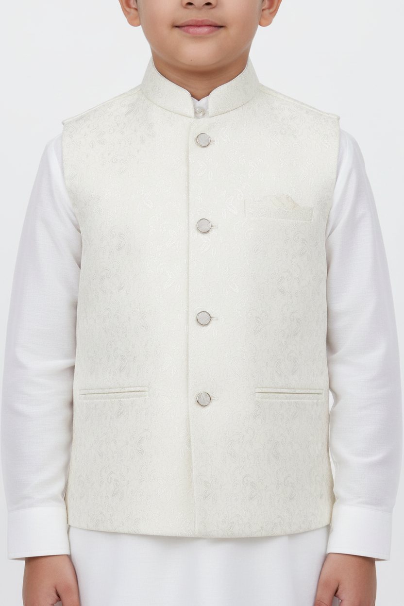 Boy in Off-White Floral Waistcoat – Close Up