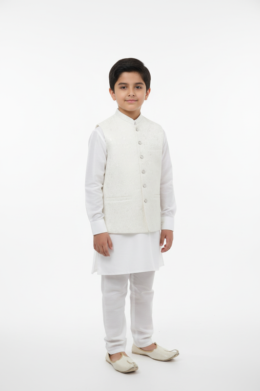 Boy in Off-White Floral Waistcoat – Front