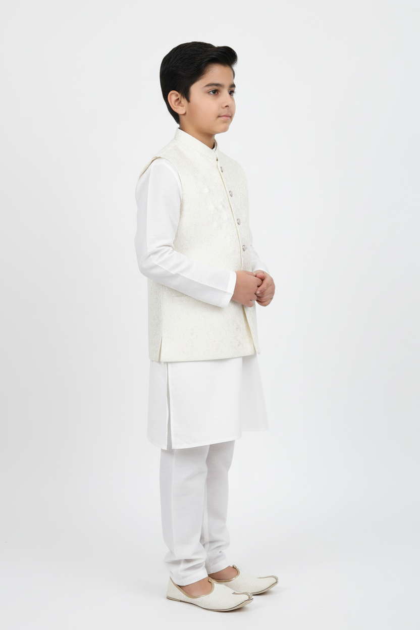 Boy in Off-White Floral Waistcoat – Side