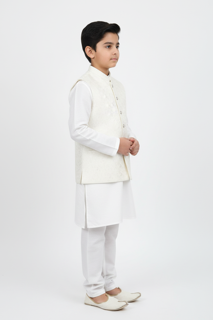 Boy in Off-White Floral Waistcoat – Side