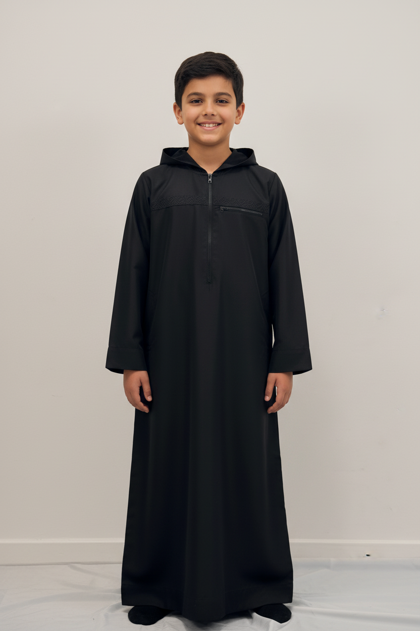 Boys Black Hoodie Thobe - Front View