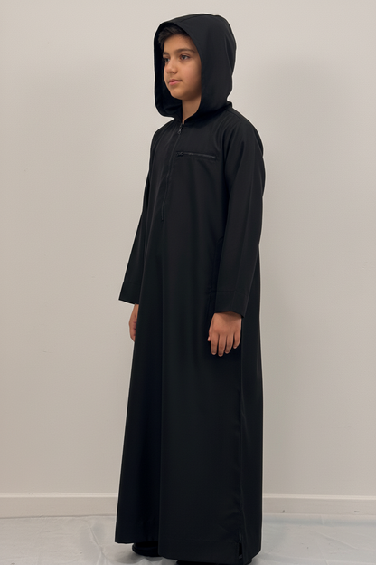 Boys Black Hoodie Thobe - Side View with Hood Up