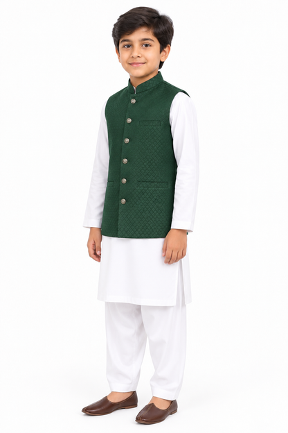 Boys’ dark green small-diamond waistcoat angled view