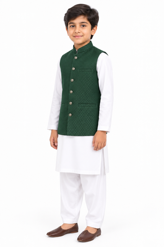 Boys’ dark green small-diamond waistcoat angled view