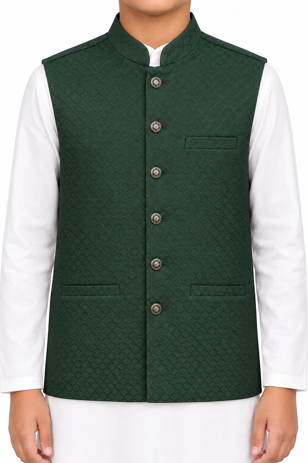 Boys’ dark green small-diamond waistcoat close-up