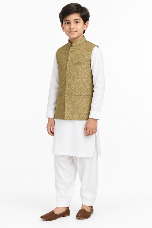 Boys Banarsi Light Golden Copper Waistcoat Full Angled