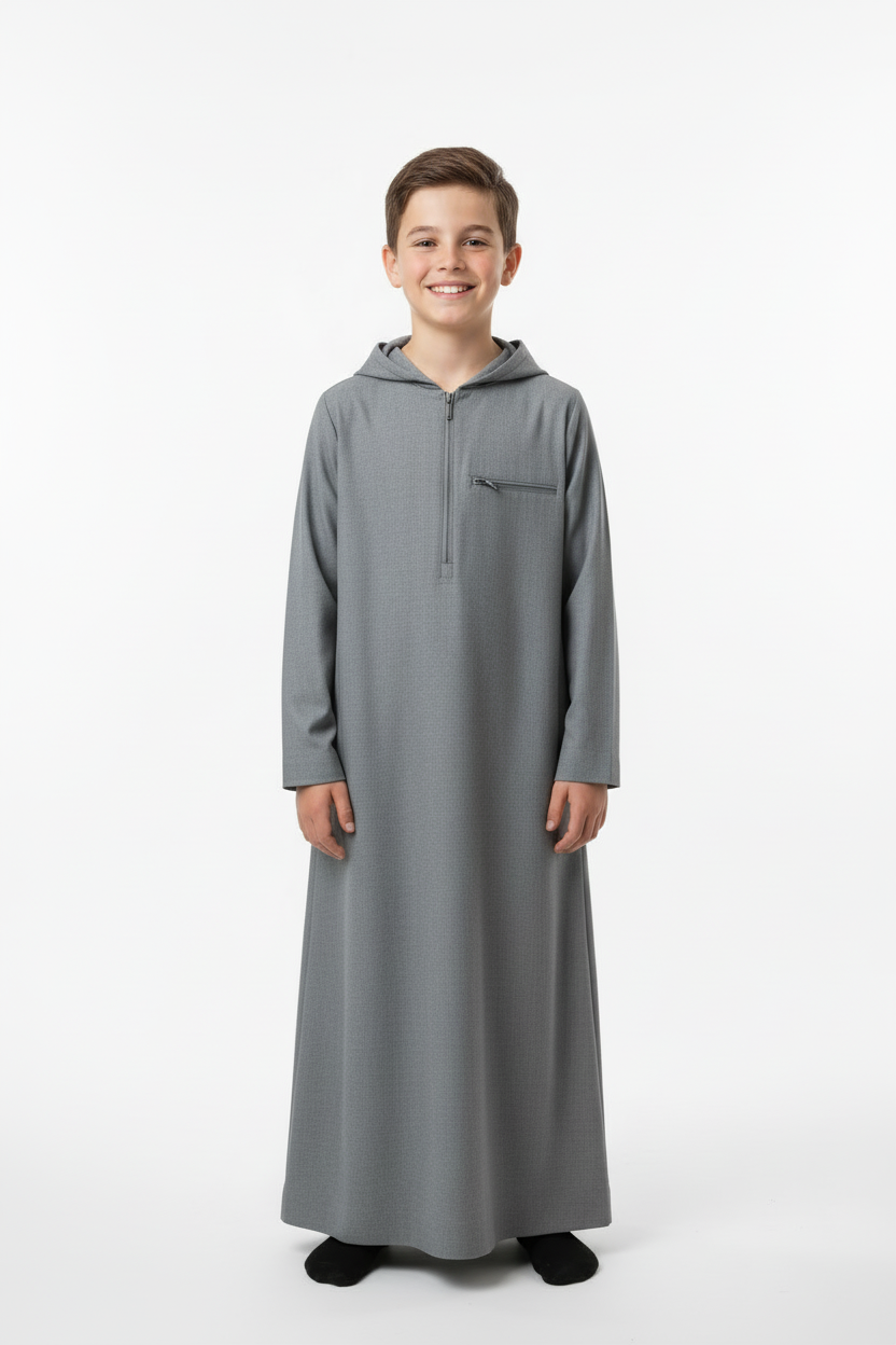 Boys Grey Hoodie Thobe - Front View