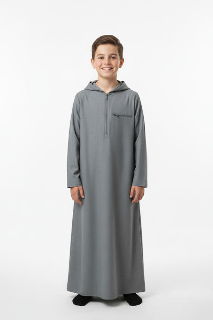 Boys Grey Hoodie Thobe - Front View