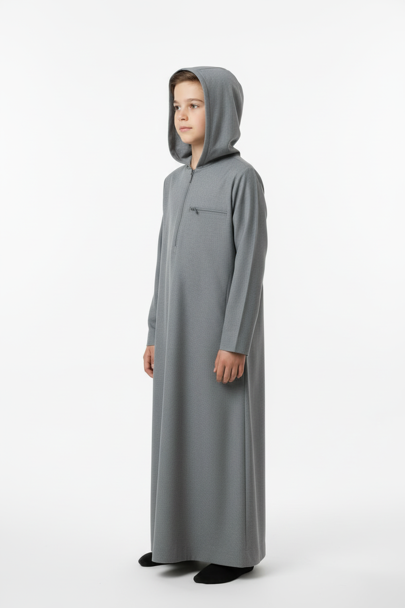 Boys Grey Hoodie Thobe - Side View with Hood Up