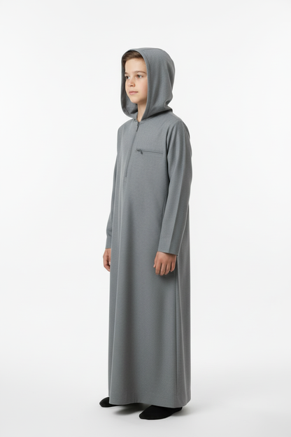 Boys Grey Hoodie Thobe - Side View with Hood Up