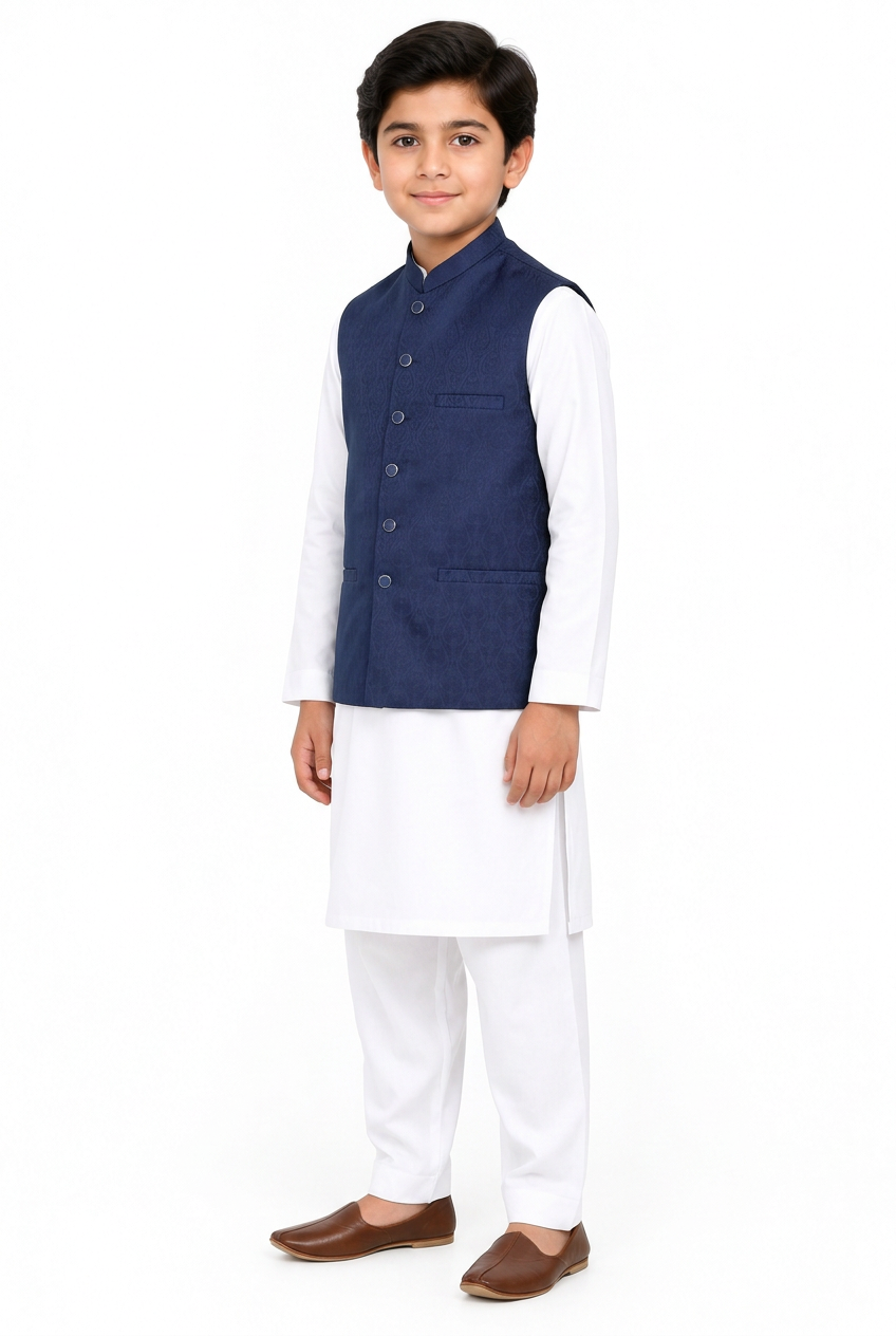 Boys’ navy tulip waistcoat angled view