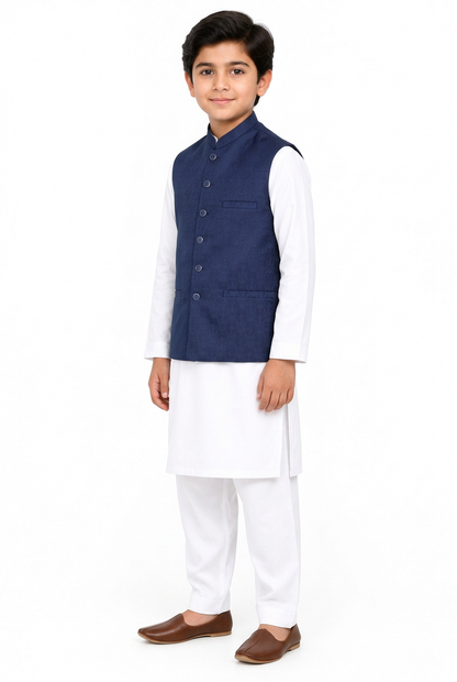 Boys’ navy tulip waistcoat angled view