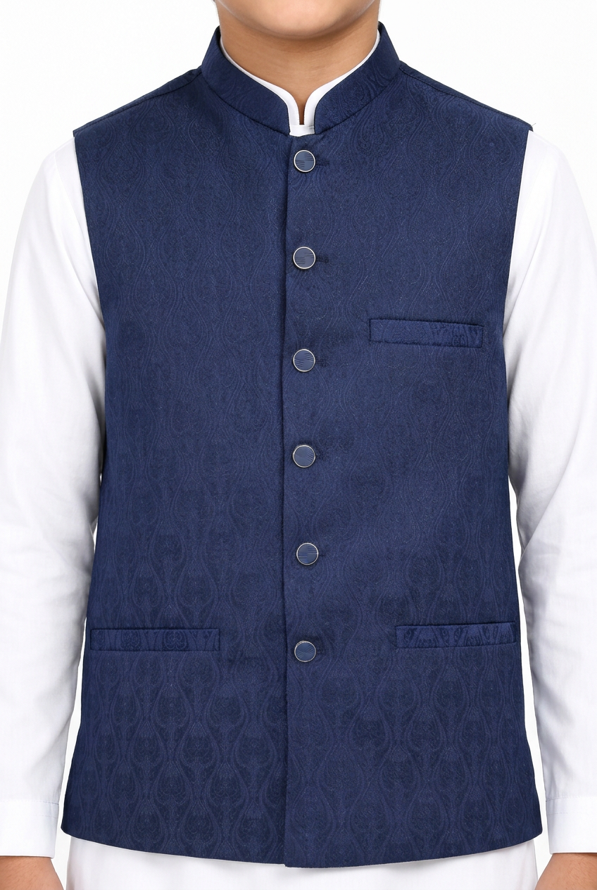 Boys’ navy tulip waistcoat close-up
