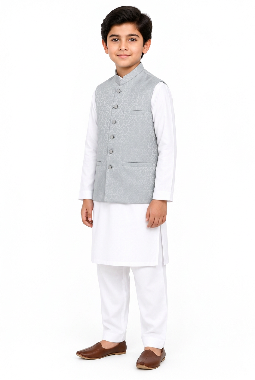 Boys’ silver-grey diamond waistcoat angled view