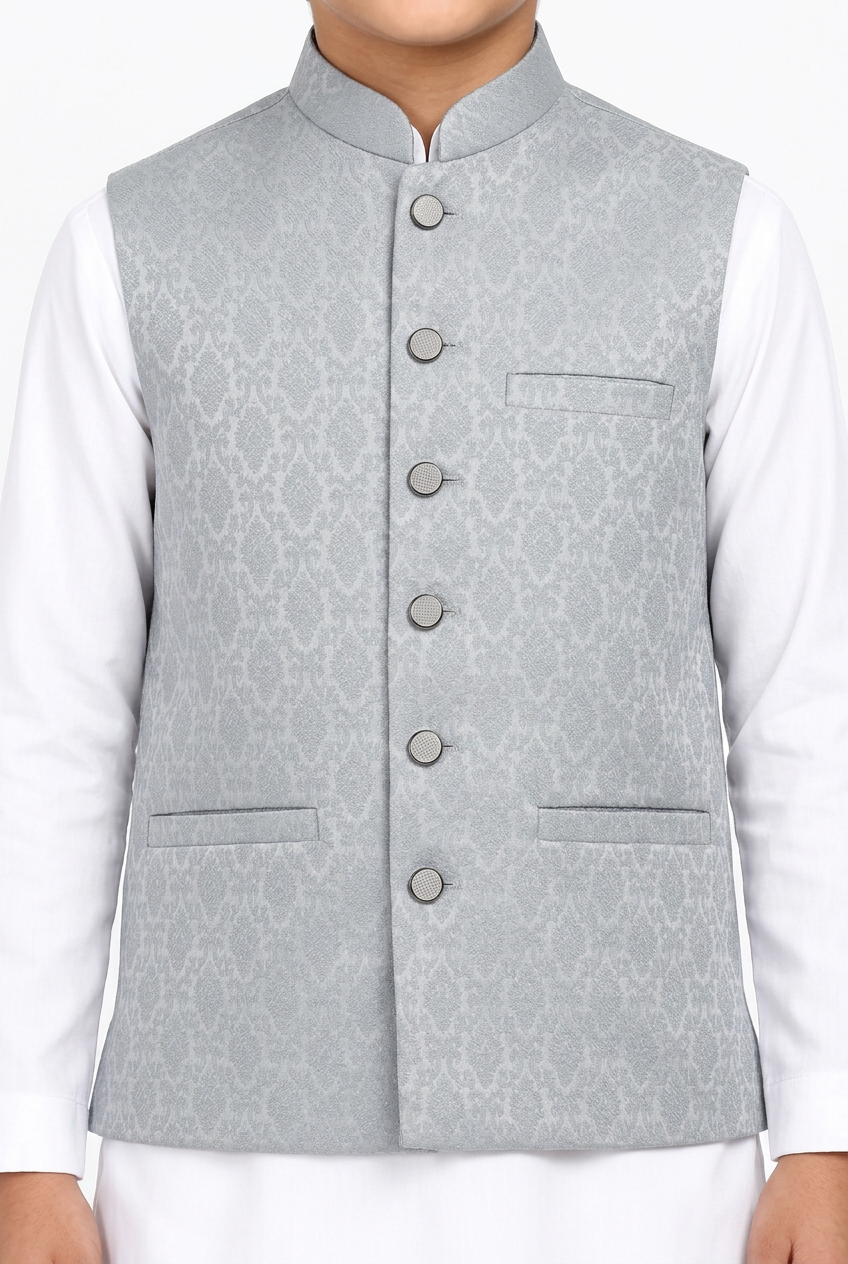 Boys’ silver-grey diamond waistcoat close-up