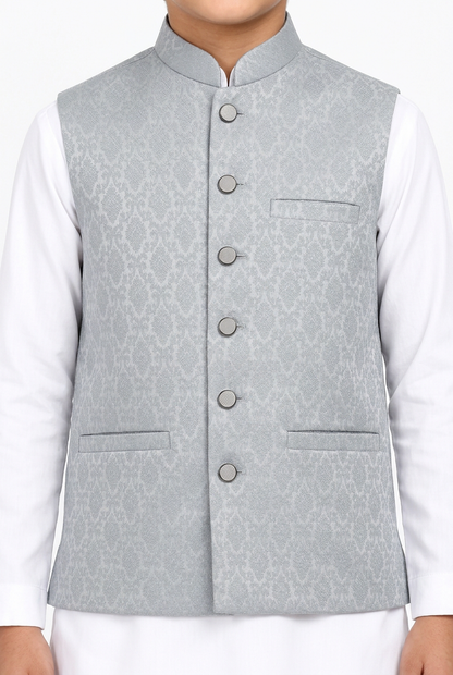 Boys’ silver-grey diamond waistcoat close-up
