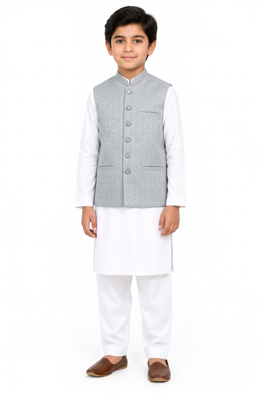 Boys’ silver-grey diamond waistcoat front view