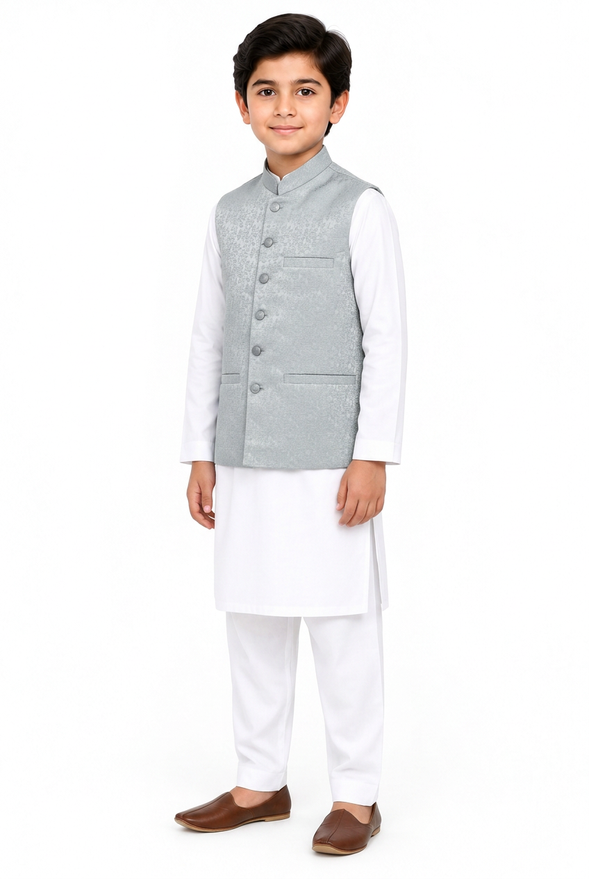 Boys’ silver stone-print waistcoat angled view