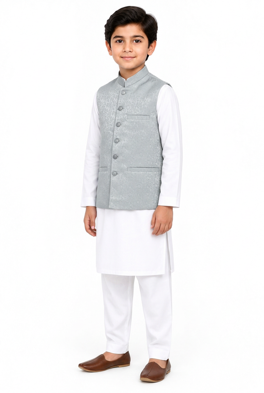 Boys’ silver stone-print waistcoat angled view