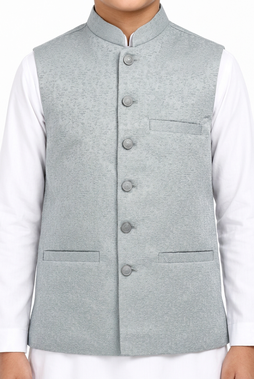 Boys’ silver stone-print waistcoat close-up