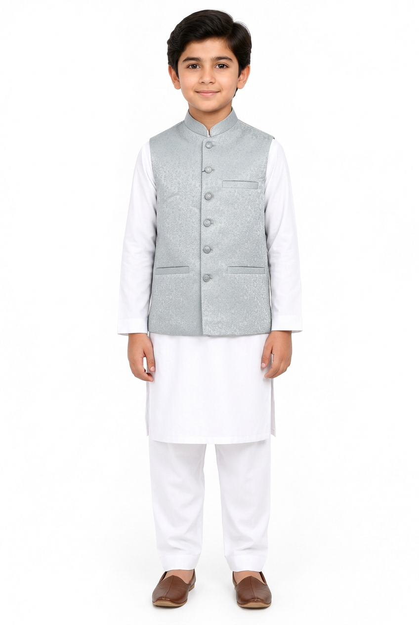 Boys’ silver stone-print waistcoat front view