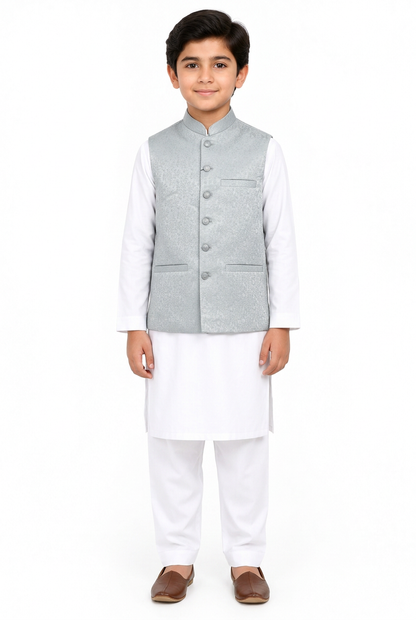 Boys’ silver stone-print waistcoat front view