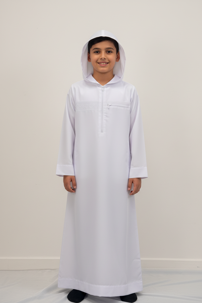 Boys White Hoodie Thobe - Front View