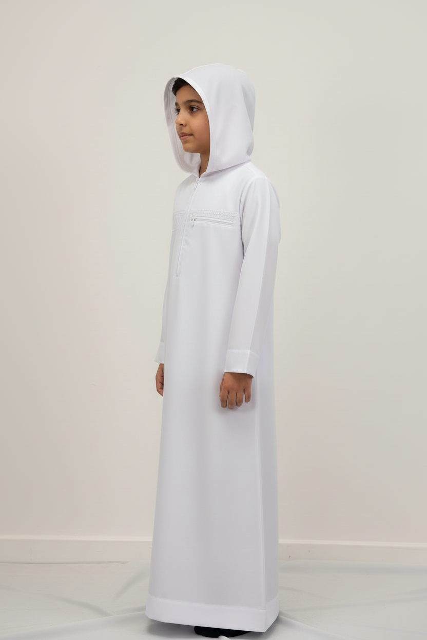 Boys White Hoodie Thobe - Side View Facing Left
