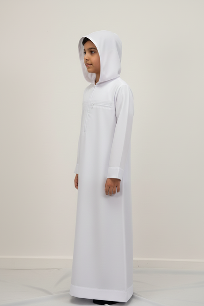 Boys White Hoodie Thobe - Side View Facing Left
