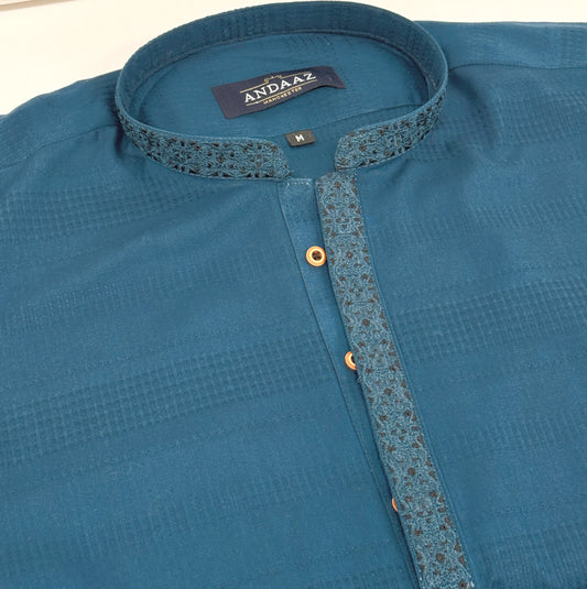 Boys Petrol Blue Kurta with Placket Embroidery