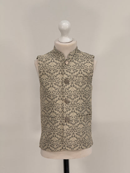 Boys Banarsi Grey Cream Waistcoat