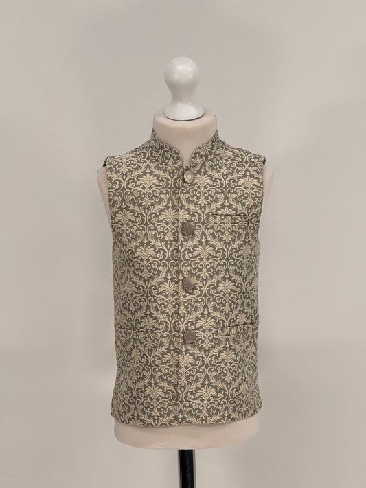 Boys Banarsi Grey Cream Waistcoat