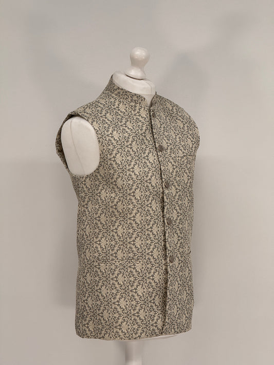 Men's Banarsi Grey Cream Waistcoat