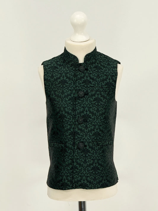 Boys Banarsi Green Black Waistcoat