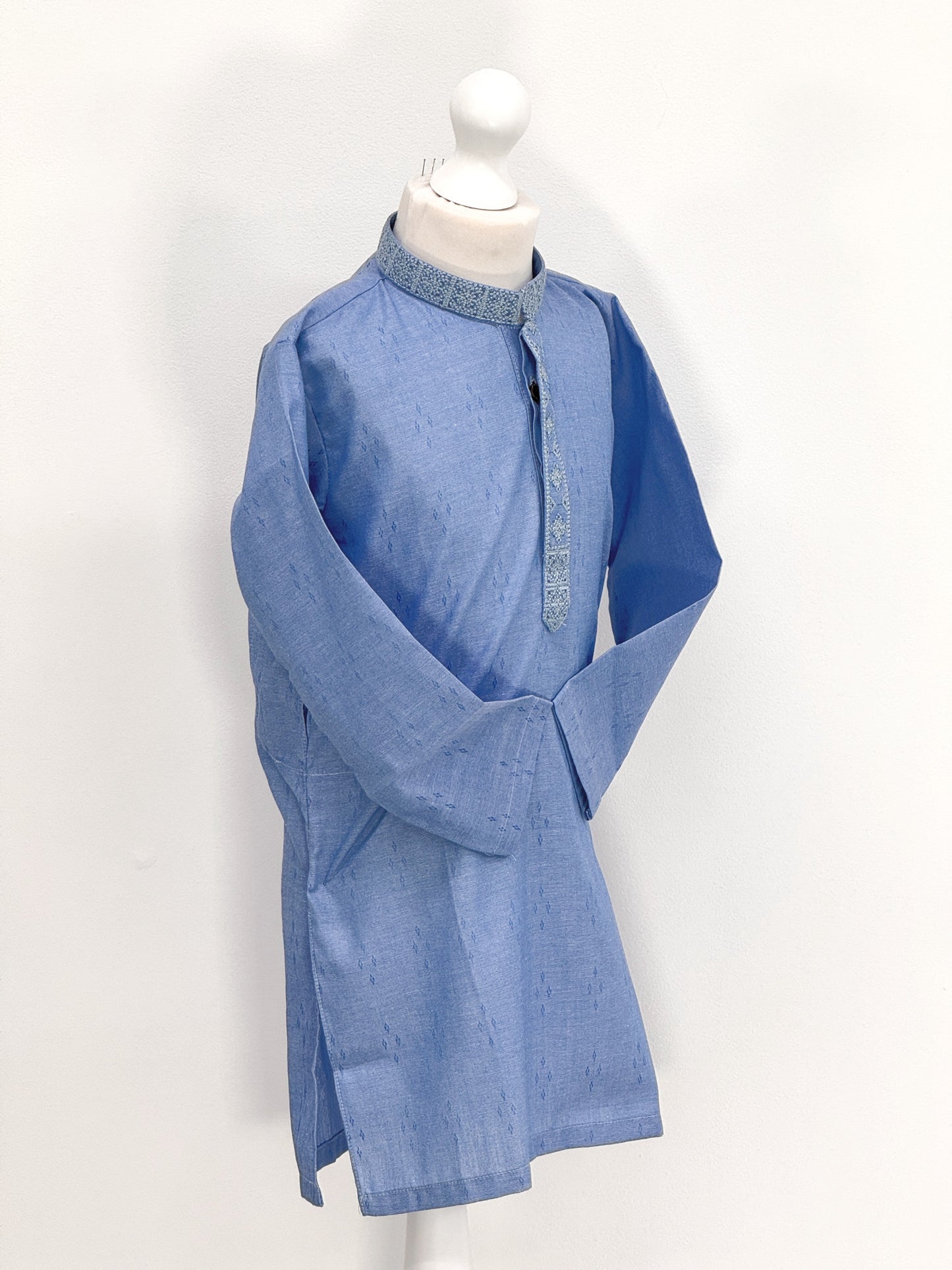 Boys Sky Blue Kurta with Placket Embroidery