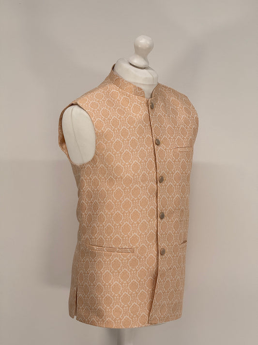 Men's Banarsi Cream Peach Diamond Waistcoat