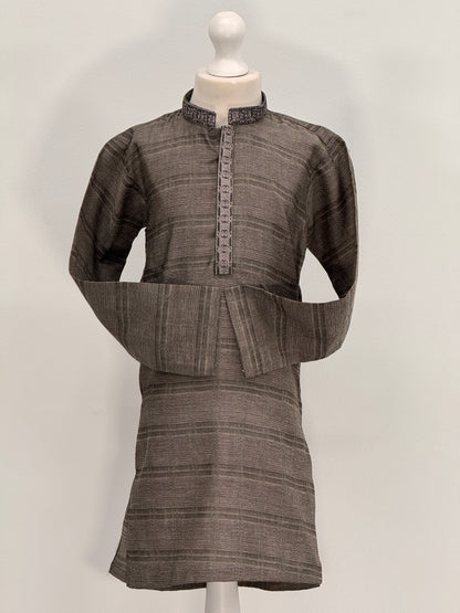 Boys Grey 3 Kurta with Placket Embroidery