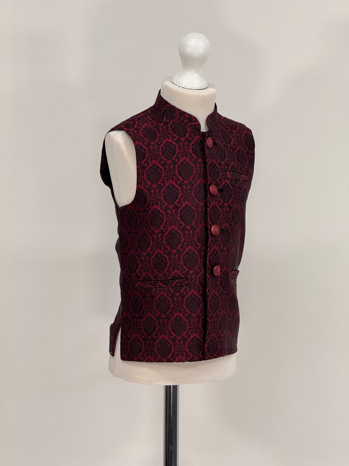 Boys Banarsi Red Black Diamond Waistcoat