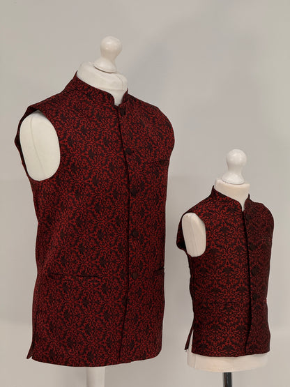 Men's Banarsi Red Black Waistcoat